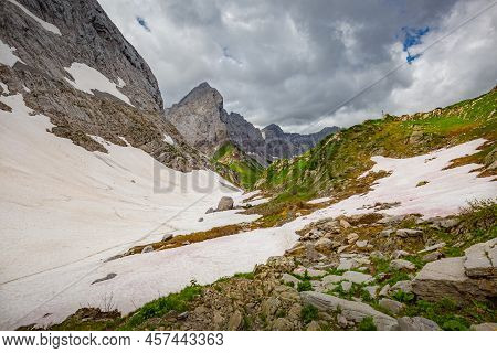 Mountain Hiking Trail Road. Small Mountain Lake. Between Italy And Austria: Near Volaia Lake Raunchk