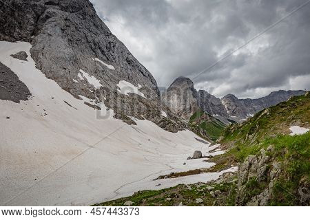 Mountain Hiking Trail Road. Small Mountain Lake. Between Italy And Austria: Near Volaia Lake Raunchk