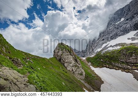 Mountain Hiking Trail Road. Small Mountain Lake. Between Italy And Austria: Near Volaia Lake Raunchk