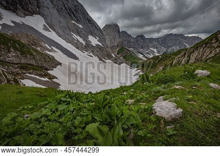 Mountain Hiking Trail Road. Small Mountain Lake. Between Italy And Austria: Near Volaia Lake Raunchk