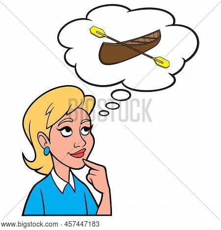Girl Thinking About A Canoe And Paddles - A Cartoon Illustration Of A Girl Thinking About A Canoe An