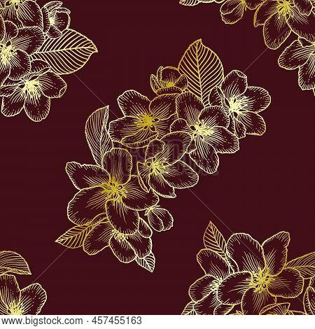 Beautiful Golden Seamless Floral Pattern With Apple Flowers Over Dark Red. Nature Botanical Gold Vec