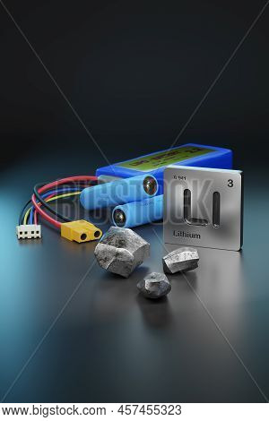 Lithium - Ion And Lithium Polymer Batteries With Element Symbol. 3d Illustration.