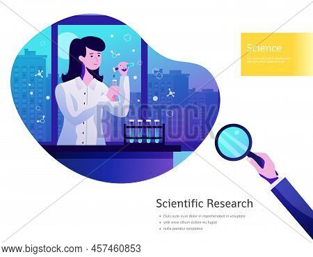 Scientific Research Poster With Young Lady With Test Tubes And Dusky City Skyline In Background Vect