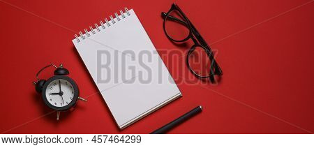 Writers Desk Flat Composition. Student Desk With Blank Pages Notepad, Pencil, Planner, For List, Bla