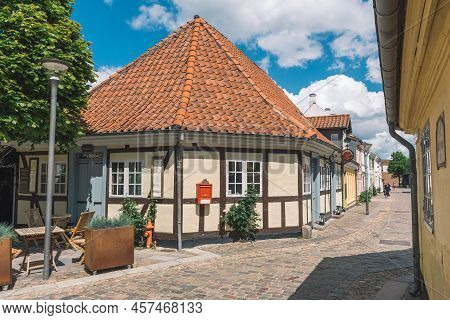 Odense, Denmark - May 23 2022: Beautiful Old Traditional Houses In Odense Old Town, Denmark, Europe