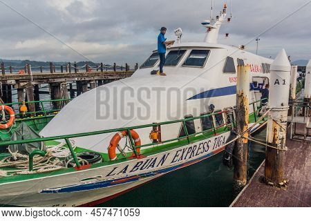 Kota Kinabalu, Malaysia - February 26, 2018: Labuan Express Tiga Ship At Jesselton Point Terminal In