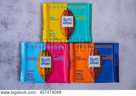 Kiev Ukraine - October 2021 Cocoa Selection Taste. Dark Natural Chocolate Ritter Sport Bar German Ch
