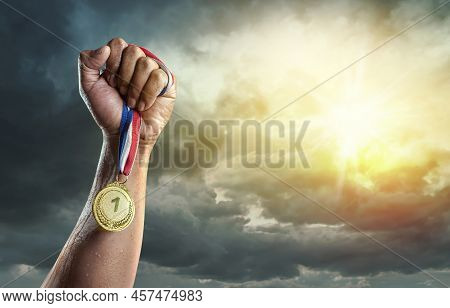 Medal For The First Place On Sky Background. Victory Concept