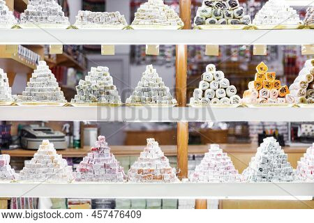 Eastern Sweets On Big Shop Window. Traditional Turkish Confections.