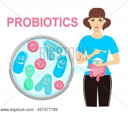 Probiotics Benefits. Influence Of Probiotics On A Human Body. Conceptual Illustrations Of Probiotics