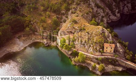Drone View Of Lake San Domenico In The Municipality Of Villalago In The Province Of Aquila. Abruzzo 