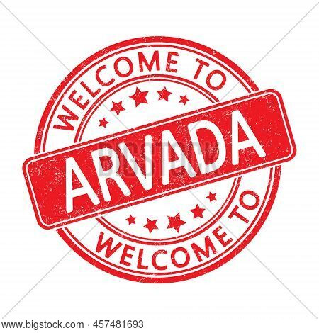 Welcome To Arvada. Impression Of A Round Stamp With A Scuff. Flat Style