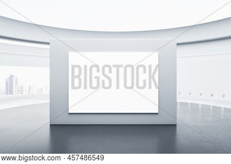Front View On Blank White Poster With Space For Your Logo Or Text On Light Grey Partition On Concret