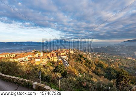 Ancient Village Of Vezzano Ligure In La Spezia Province, Liguria, Italy, Europe. On Background The M