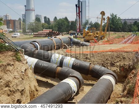 Reconstruction Site Of District Heating System Pipeline And Replacement Of Old Pipes With New Ones. 