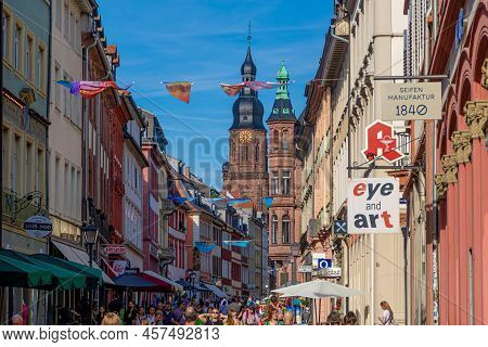 Heidelberg, Germany: June, 2. 2022: The Famous Main Street In Heidelberg. A Lively Pedestrian Zone W
