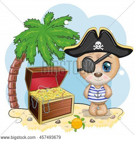 Teddy Bear Pirate, Cartoon Character Of The Game, Wild Animal In A Bandana And A Cocked Hat With A S