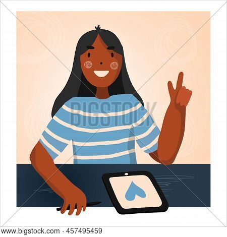 Dark Skin Girl With Tablet And Pen Smiles