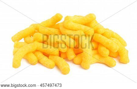 Many Tasty Cheesy Corn Puffs Isolated On White