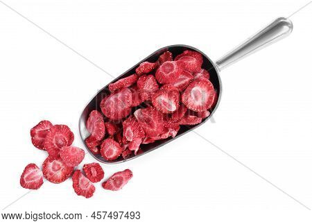 Scoop With Freeze Dried Strawberries On White Background, Top View
