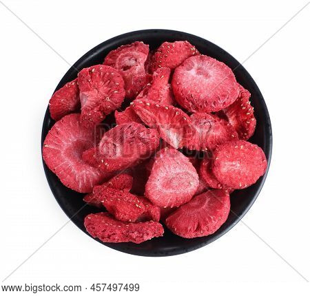 Freeze Dried Strawberries In Bowl On White Background, Top View