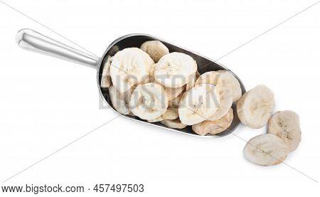 Scoop With Freeze Dried Bananas On White Background, Top View