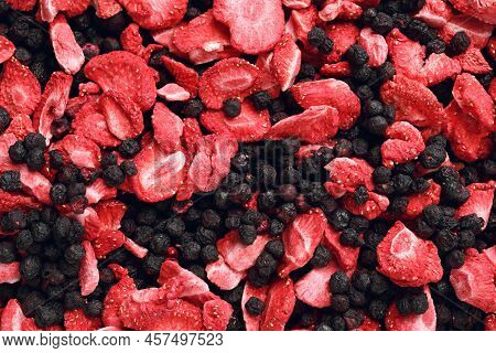 Closeup Of Freeze Dried Blueberries And Strawberries As Background, Top View