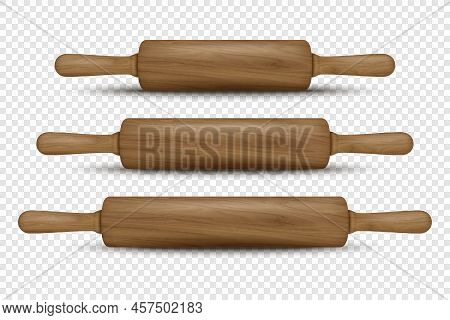 Vector 3d Realistic Textured Dark Brown Wooden Rolling Pin Icon Set Isolated. Kitchen Dough Roller, 