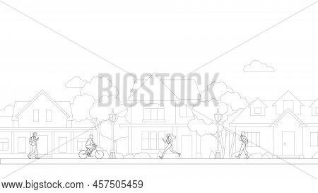 People Village Life Neighborhood Line Art Vector. Residential Buildings On Suburban Street. Bike And