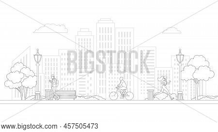 People Village Life Neighborhood Line Art Vector. Residential Buildings On Suburban Street. Bike And