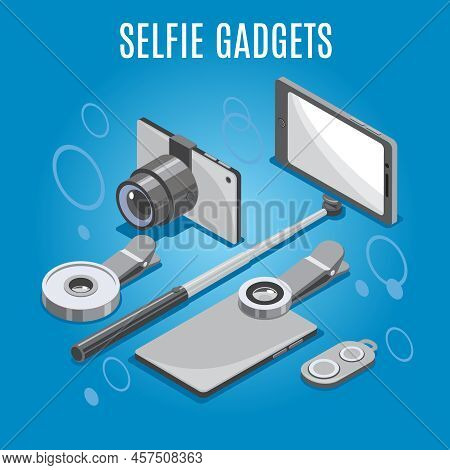 Isometric Selfie Gadgets Including Smart Phone With Monopod, Camera, Lenses, Remote Control, Blue Ba