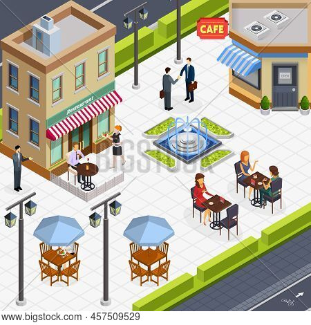 Isometric Business Lunch People Composition With A Few Tables In The Outdoor Caf Vector Illustration