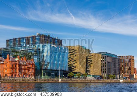 Dublin, Ireland - June 6, 2022: Modern Dublin Docklands Or Silicon Docks. River Liffey Waterfront