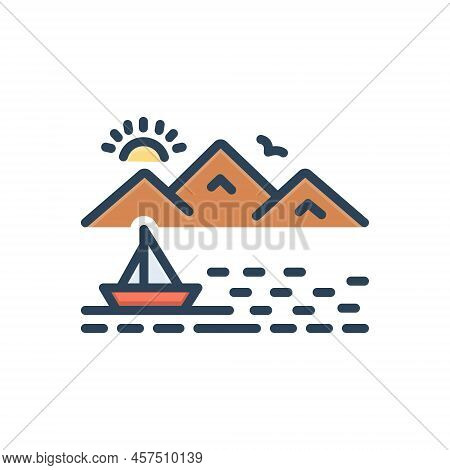 Color Illustration Icon For Tahoe Mountain Beach Lake Sea-side Sun Sunset View Boat Nature