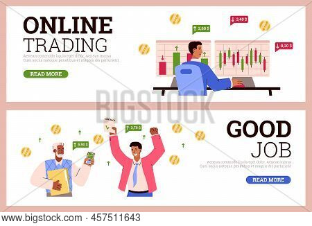 Online Trading And Stock Market Web Banners Set, Flat Vector Illustration.
