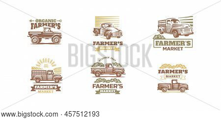 Farmer Market Posters With Vintage Pickup Truck Drawing In Etching Style. Vector Flyers Set With Eng