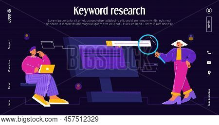Keyword Research Banner With People Team Work With Traffic And Query Analysis. Vector Landing Page O