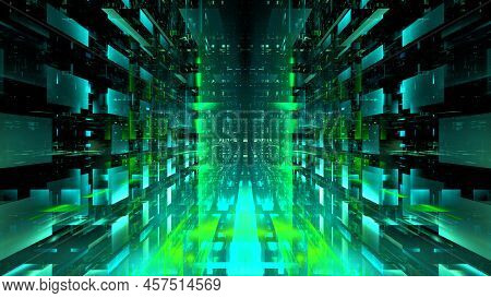 Digital Interior Building Hi Tech Abstract Data Center Server Tonel. Business Technology Blurred Pol