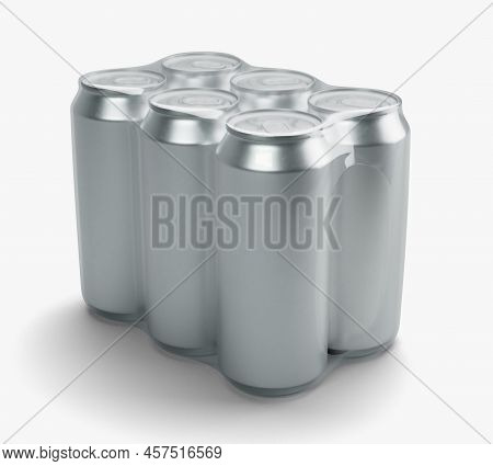 A Shrink Wrapped Six Pack Of Regular Brushed Aluminum Beverage Cans On An Isolateds Tudio Backgound 