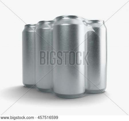 A Shrink Wrapped Six Pack Of Regular Brushed Aluminum Beverage Cans On An Isolateds Tudio Backgound 