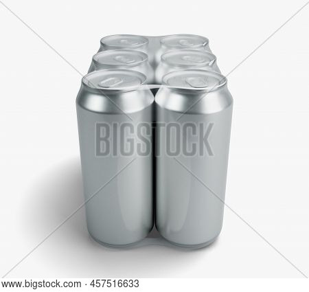 A Shrink Wrapped Six Pack Of Regular Brushed Aluminum Beverage Cans On An Isolateds Tudio Backgound 
