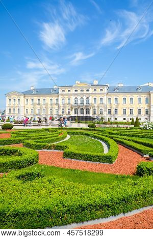 Rundale, Latvia - July 2, 202 - The Rundale Palace With The Castle Garden. Selective Focus