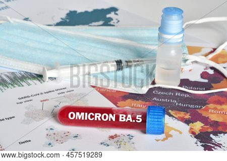 Blood Tube For Test Detection Of Virus Covid-19 Omicron Ba.5 Variant On Papers Document With Vaccine