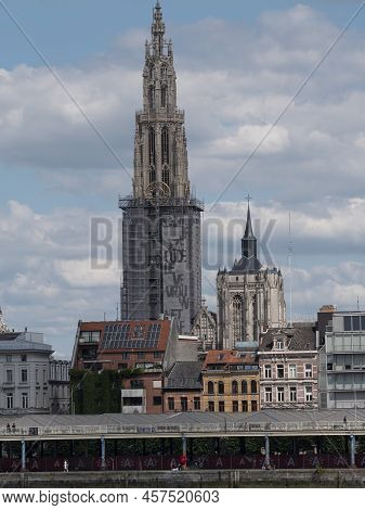 Antwerp, Belgium, 01-07-2022, Right Bank Of The River Scheldt In Antwerp With A View Of Our Lady's C