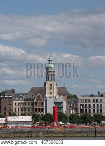 Antwerp, Belgium, 01-07-2022, Right Bank Of The River Scheldt In Antwerp With A View Of The Saint An