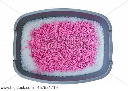 Cat Toilet On White Background, Top View. A Cat Litter Tray With A Mix Of Fillers. White Silica Gel 