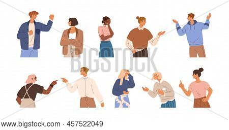 Angry Annoyed People Set. Discontent Displeased Men And Women Complaining, Shouting, Criticizing, Bl