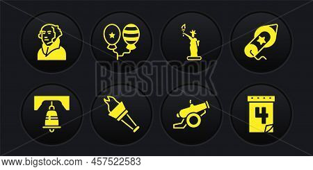 Set Liberty Bell In Philadelphia, Firework, Torch Flame, Cannon, Statue Of, Balloons, Calendar With 