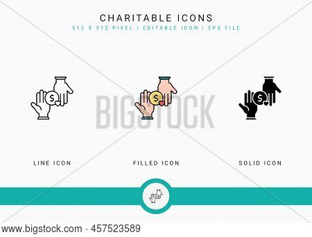 Charitable Icons Set Vector Illustration With Solid Icon Line Style. Charity Help Care Concept. Edit